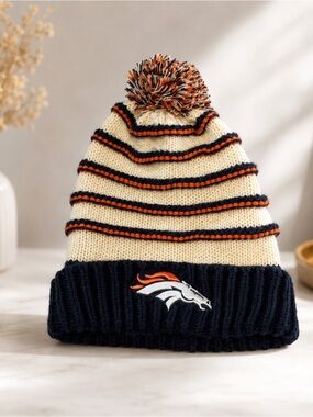 Denver Broncos Knit Pom Pom Beanie Hat Navy Orange Cream Unbranded